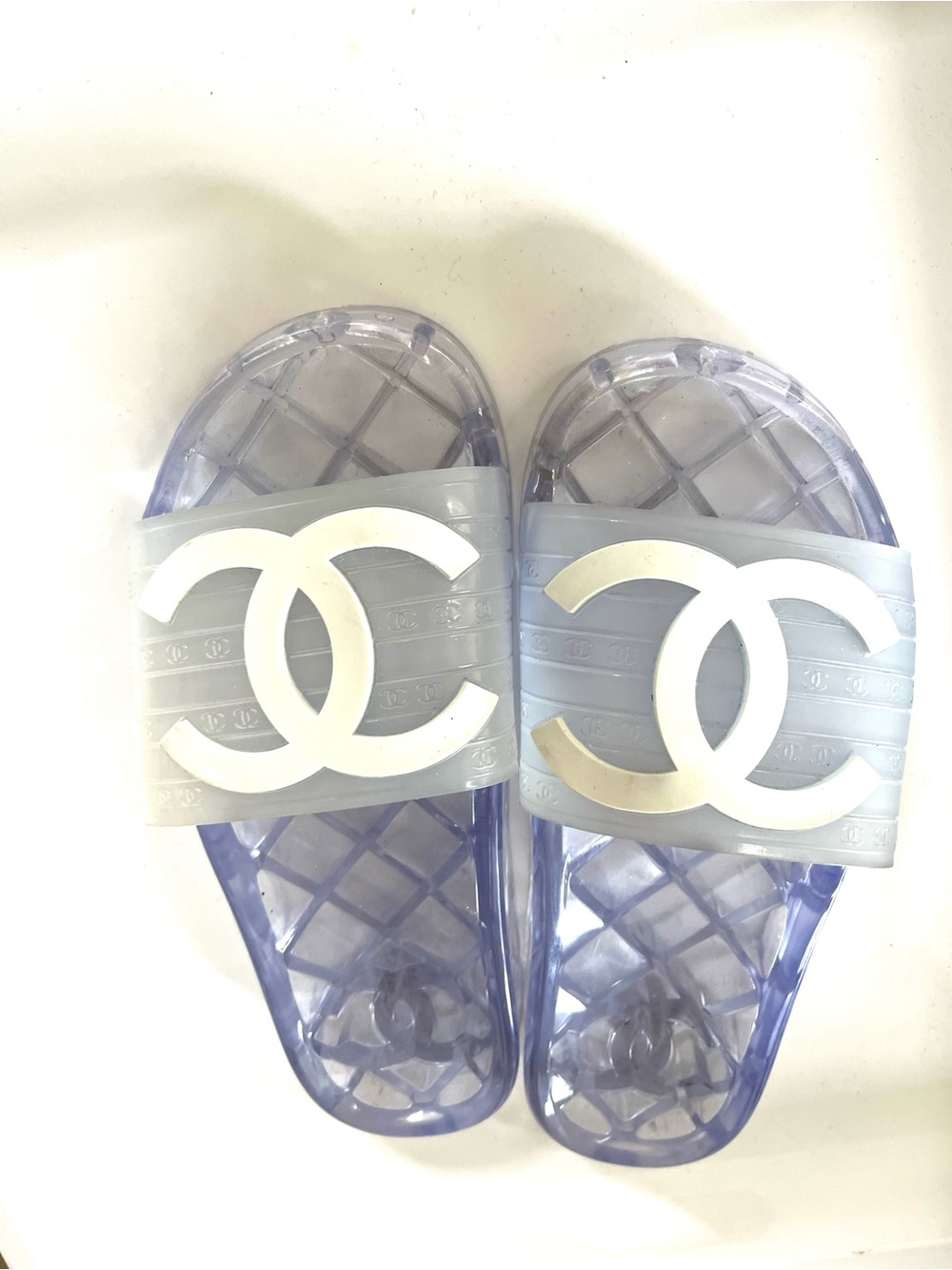 CHANEL Transparent Slide Sandals with White Logo